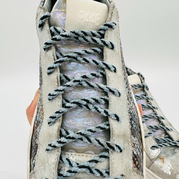 P448 John Wasabi Low Top Sneaker Size 38 US 7.5 Leather Python Silver Distressed - Picture 8 of 10
